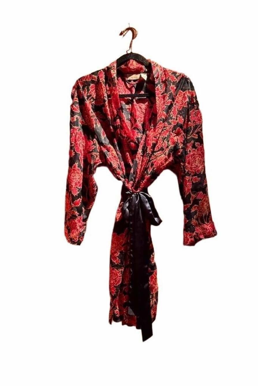 Vintage Victoria's Secret Red and Black Floral Kimono Robe S/P